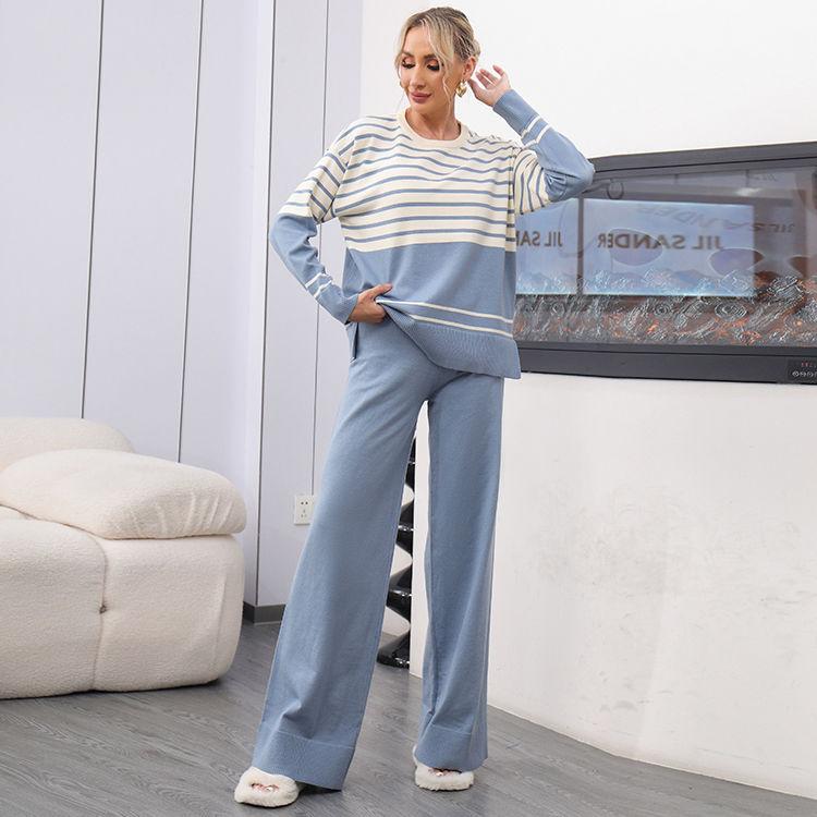 

Осенне-зимний свободный свитер-пуловер с V-образным вырезом, женский полосатый трикотажный комплект из двух предметов с длинными рукавами и широкими брюками XL синий
