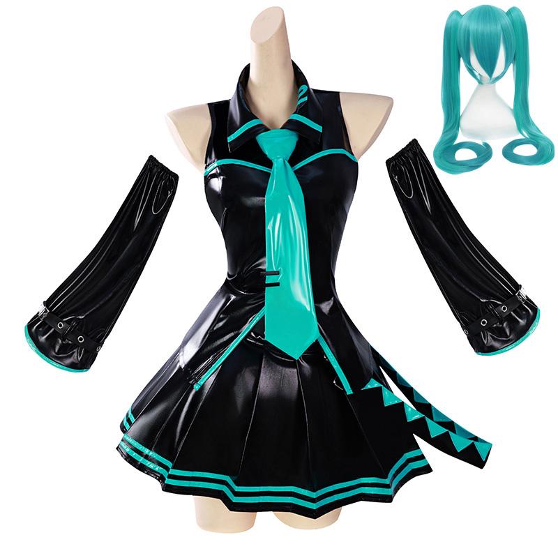 Black Green Leather Miku Cosplay Costume