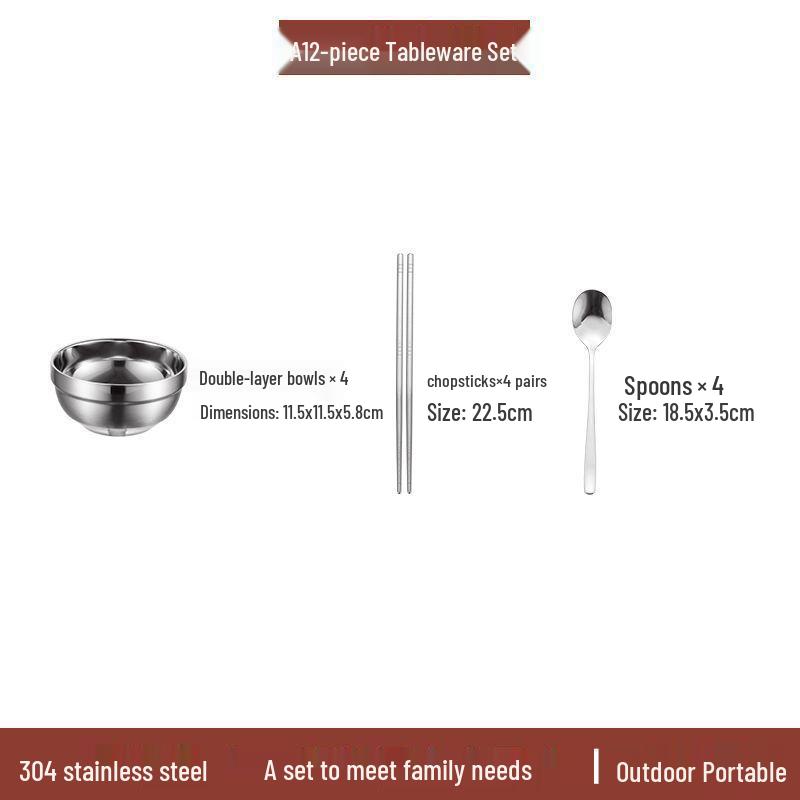 

304 Stainless Steel Cutlery Set: Bowl, Plate, Chopsticks for Home, Rental, Camping & Picnic