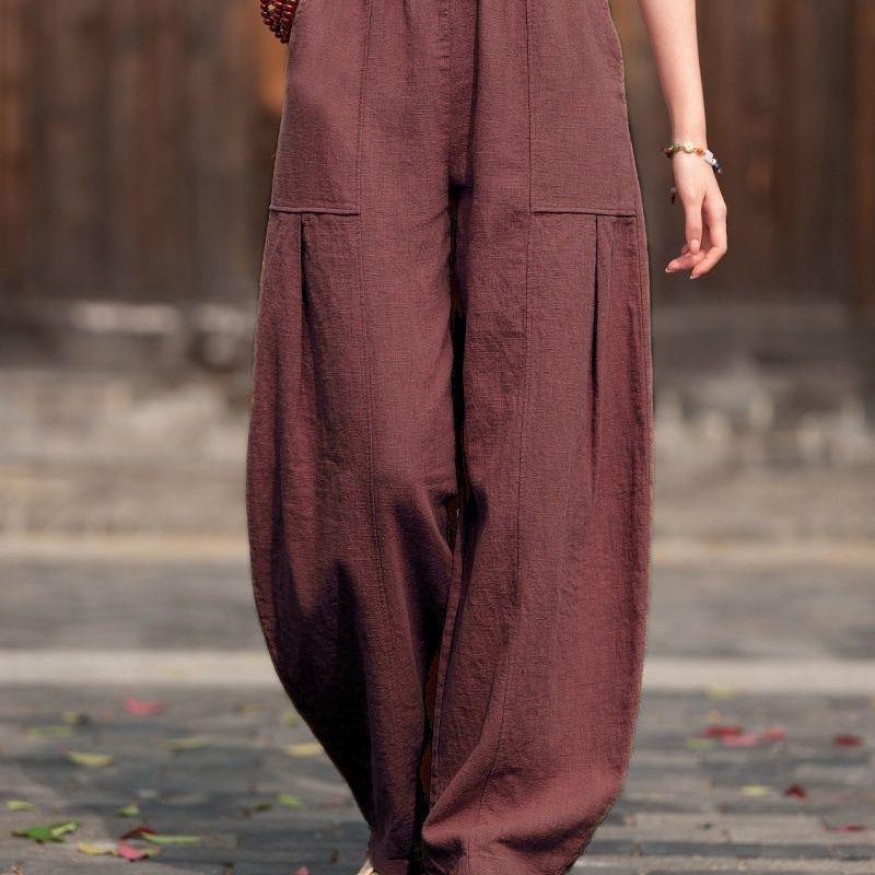 

Women s Retro High-Waisted Cotton Linen Lantern Pants, Artistic Solid Color, Slim Fit Curved Leg in Royal Blue/Apricot 3XL: Waist ~90 cm