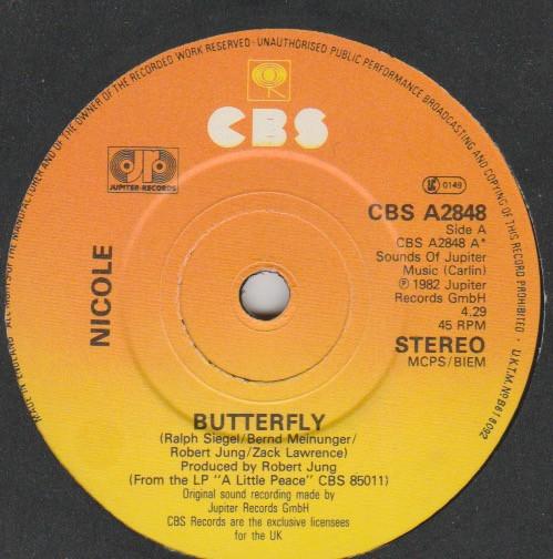 7inch Record NICOLE - Butterfly CBSA2848 CBS, Jupiter Re 1982 UK Pop Used