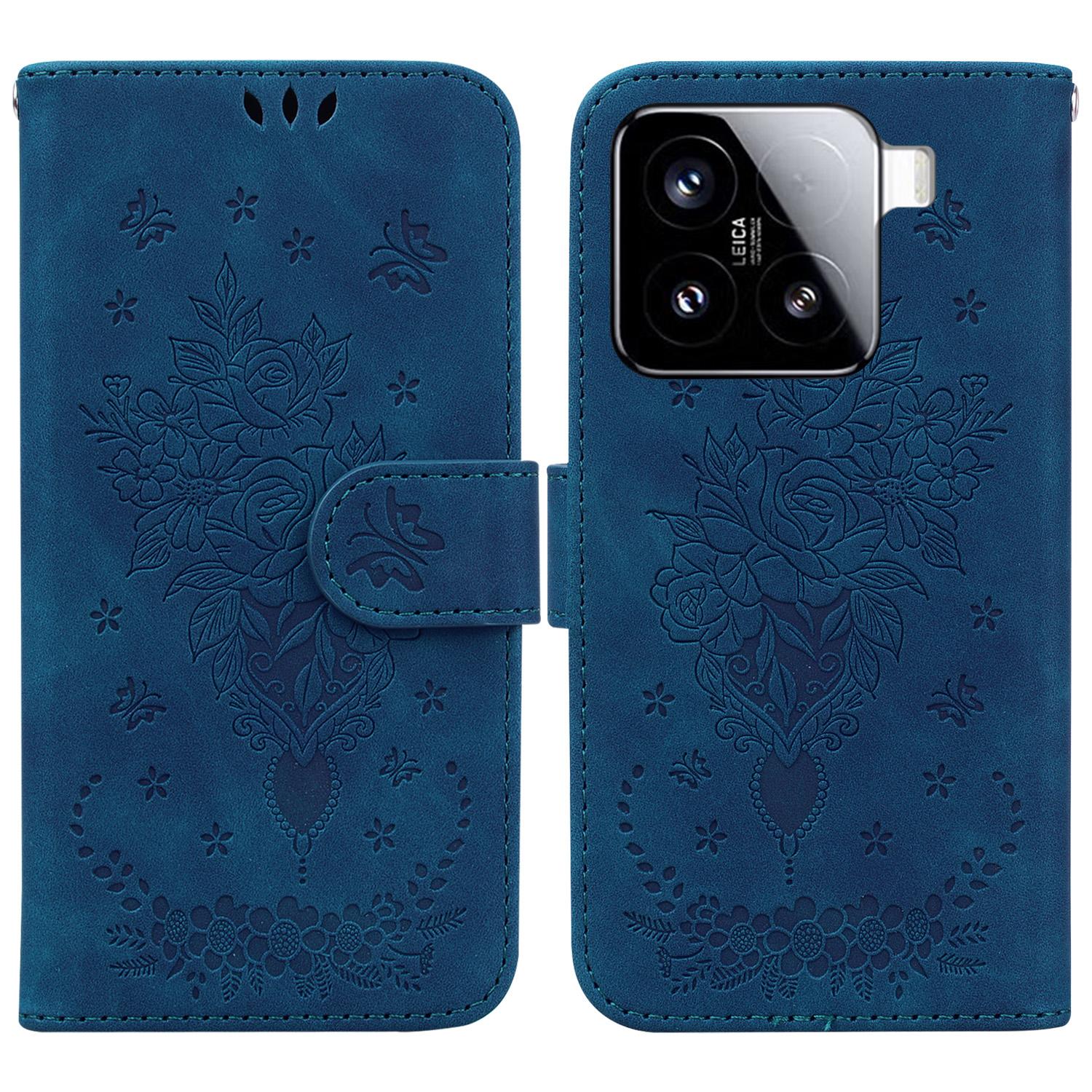 

For Xiaomi 15 Case PU Leather Wallet Phone Cover Butterfly Flower Imprint Blue