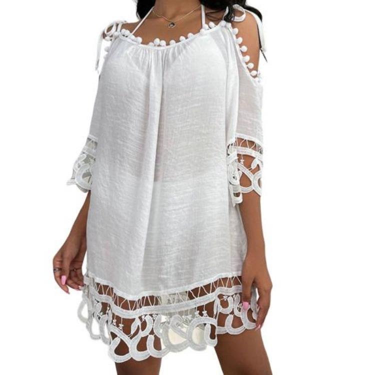 Sexy Lace Crochet Backless Mini Dress Summer Beach Vacation Lady Garment Above Knee Length Sunscreen