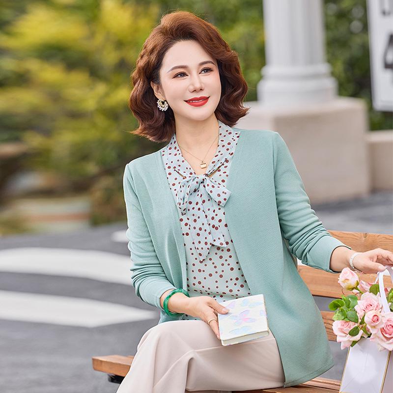 

Spring Fashion Knitted Two-Piece Long-Sleeve Shirt for Middle-Aged Women XL (Recommended 85-105 jin) синий