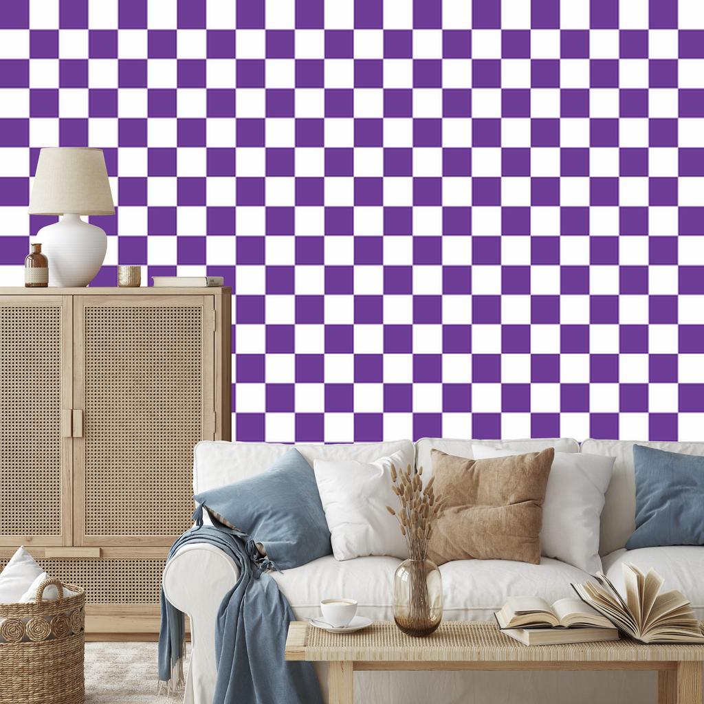 Checkerboard Wallpaper in Purple, White and Lavender for Living Room and Bedroom 50x1000