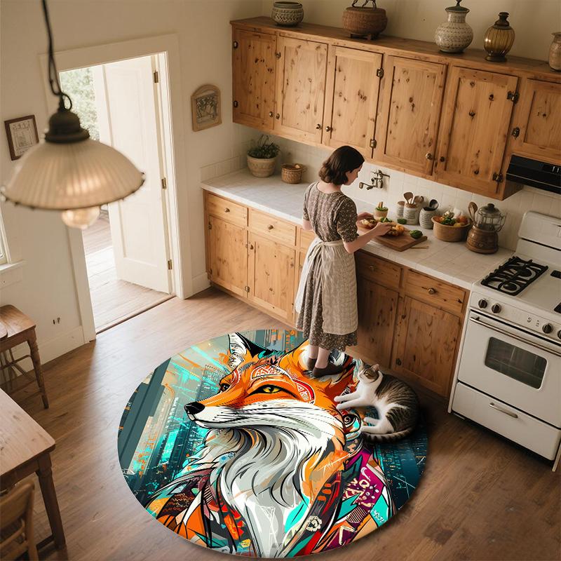 City Fox,Round Area Rug,Carpet Rug for Living Room Bedroom Sofa Playroom Decor,Non-slip Floor Mat