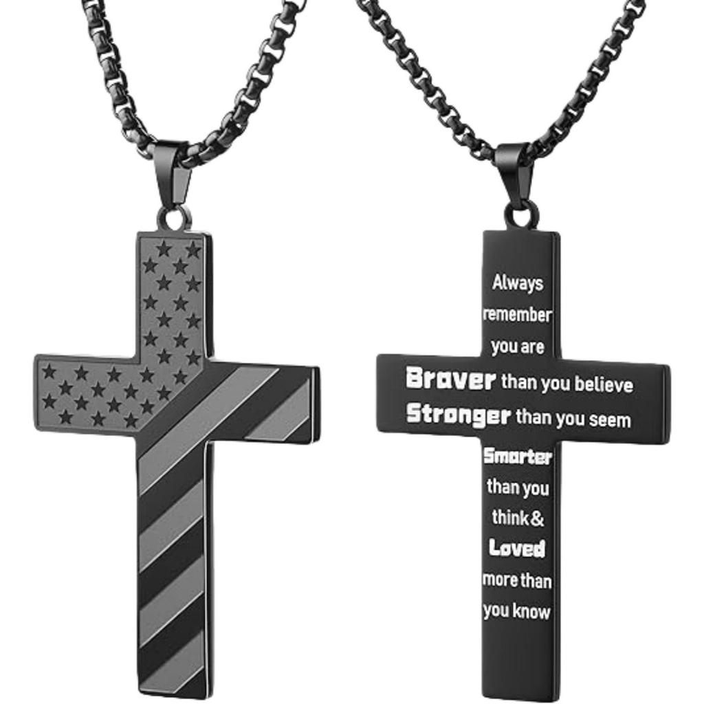 American Flag Stars & Stripes Men's Stainless Steel Cross Necklace Pendant