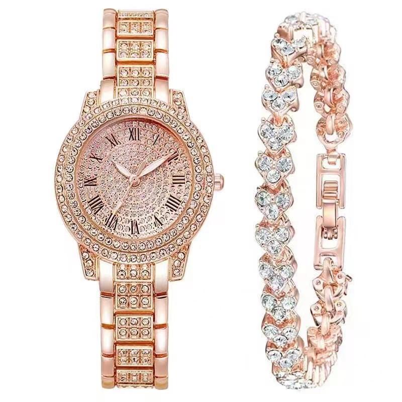 Full Diamond Roman Literary Steel Belt Watch Female Gypsy Temperament Business Quartz Watch Hip Hop Wind Full Diamond Bracelet Set
