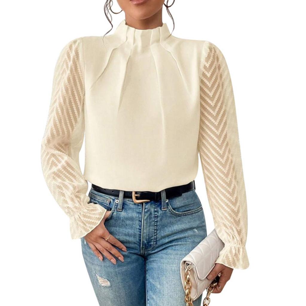 Fall Winter Women's Half Turtleneck Patchwork Wavy Chiffon Long Sleeve Top, European American Style Crossborder Women's Clothing