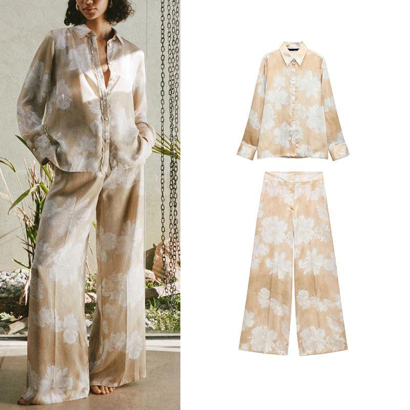 Spring New Two-Piece Suit Casual Pants 8799175 Flowers Print Silk Satin Textured Shirt 8925171