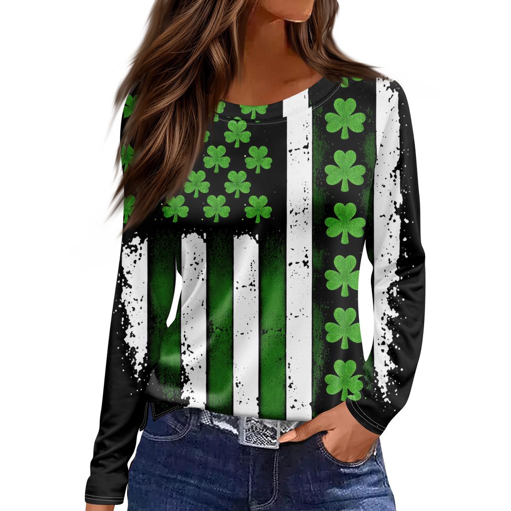 Damenmode Lässig Schlitz Saum Rundhals Langarm Lose Bedrucktes T-Shirt Damen Top