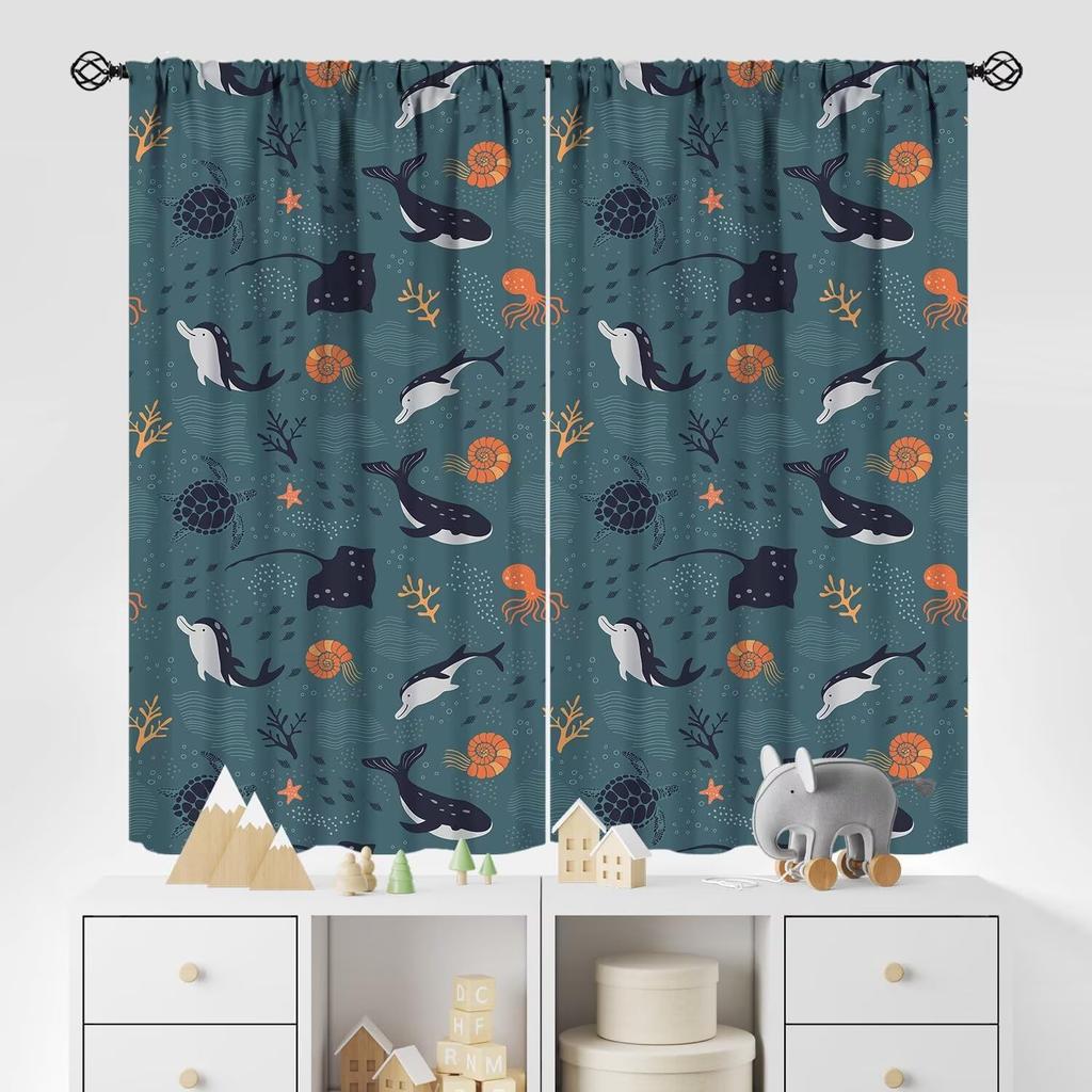 Kids Sea Animal Curtains Teens Boys Girls Bedroom Nursery Decor Cartoon Sharks Art Printed Window Drapes Fabric Light Blocking Polyester Sleeping Area