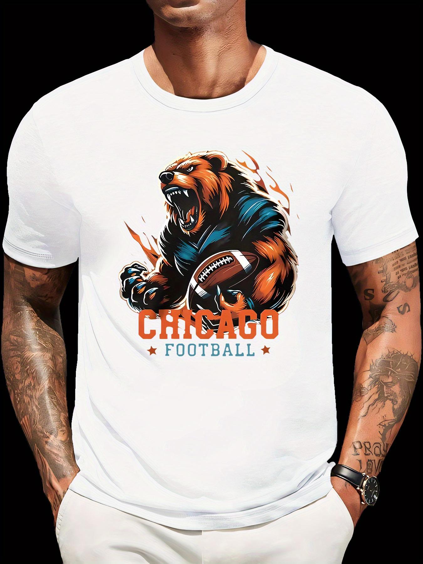 Chicago Football Bear Logo Graphic T-shirt - Regular Fit Casual Short Sleeve Tee with Vibrant Blue & Orange Print XXXXL