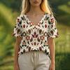 Summer Women's T-Shirt Floral Pattern Bohemian Style Casual Short-Sleeved V-Neck Loose Women's Clothes