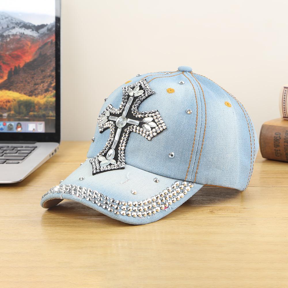 Cross-Border New Oversized Denim Baseball Cap Sparkling Diamonds Crow Heart Design Good-Looking Affordable Direct Manufacturer