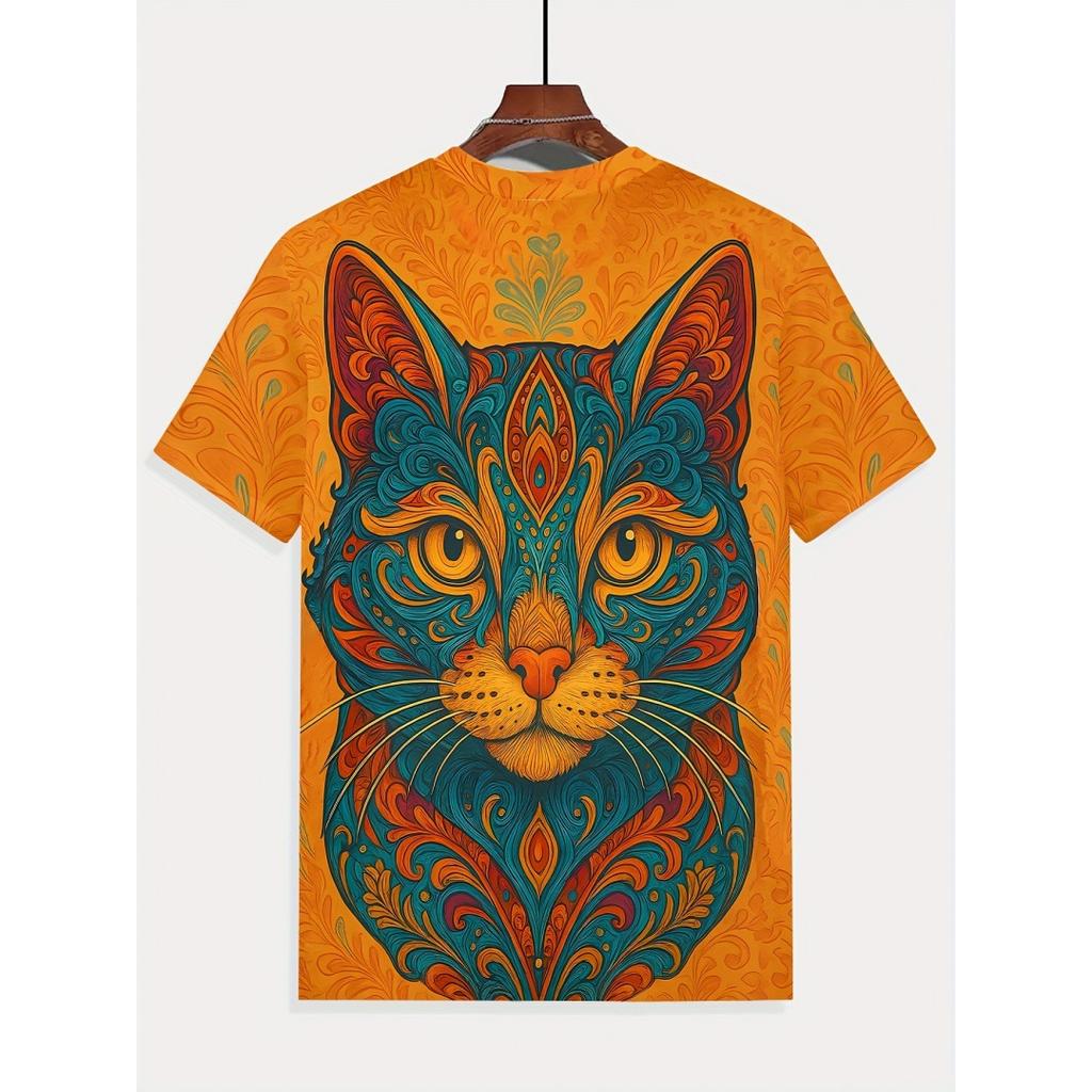 New Fun Cat Print Men's T-Shirt Street Trend Short Sleeve Versatile Men's T-Shirts Top