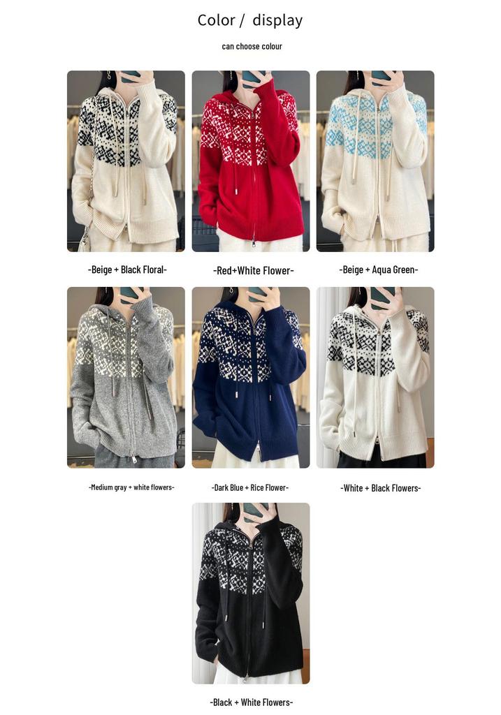 Women's Fair Isle Wool Knit Hooded Cardigan - Double Zipper, Korean Style, Autumn/Winter