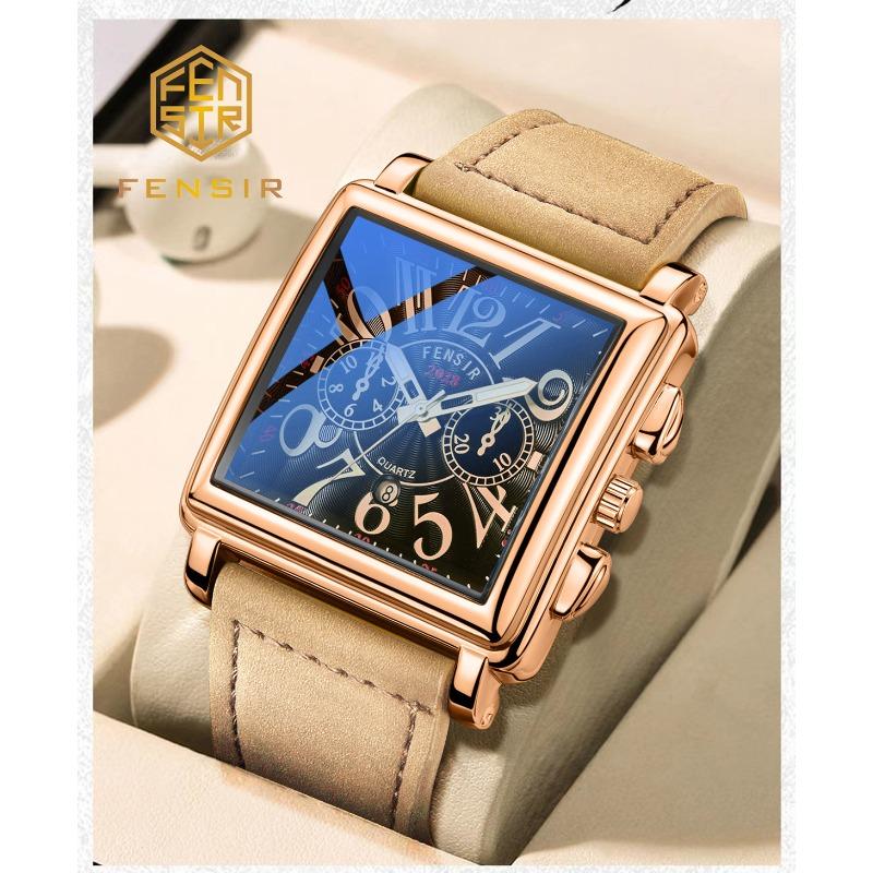 Square Dial, Leather Strap, Men's Waterproof Luminous Calendar Gift Watch