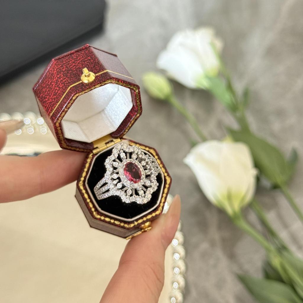 Women's Fashion Ruby Flower Adjustable Ring - Full Diamond Simulated Open Band