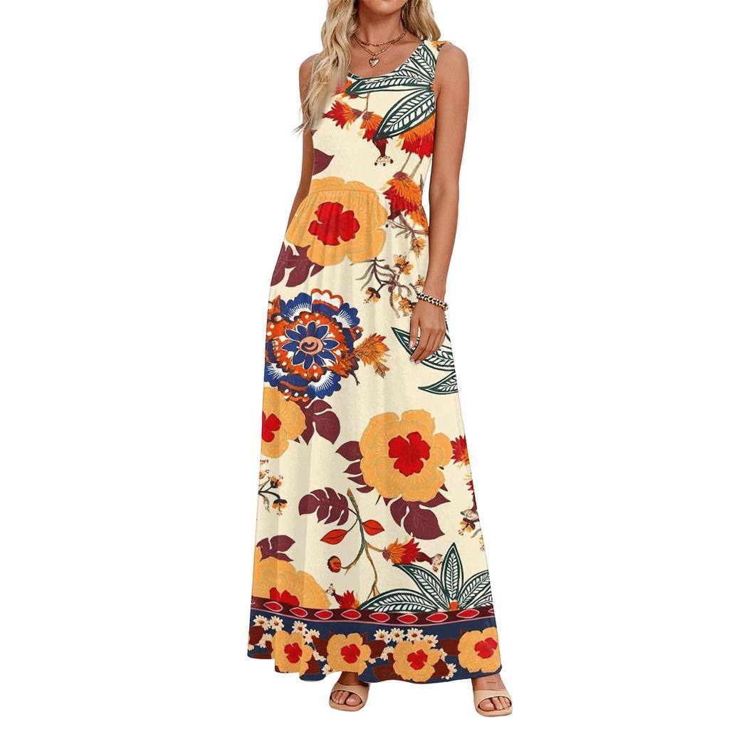 Maxi Abito da Donna Senza Maniche con Tasche Stampa Floreale Bohemien Vestibilità Larga Estivo Casual da Spiaggia Vestito Estivo Tessuto Leggero