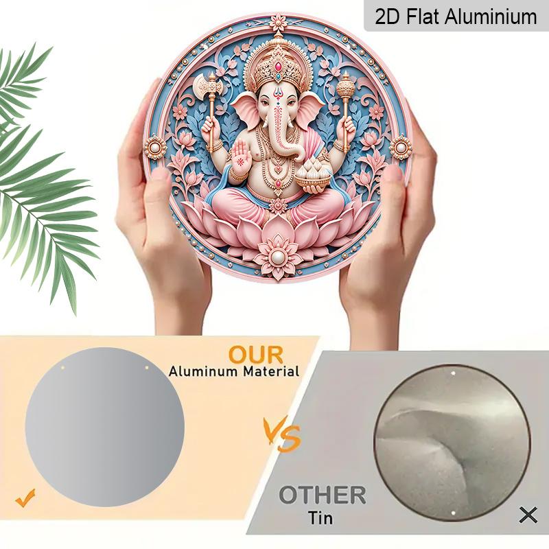 2D Flat, 1pc Round Aluminum Hanging Sign, Pink Blue Lord Ganesha Modak Pink Lotus Pearl Floral Border Print, Easy Hang Indoor Outdoor Metal Plaque