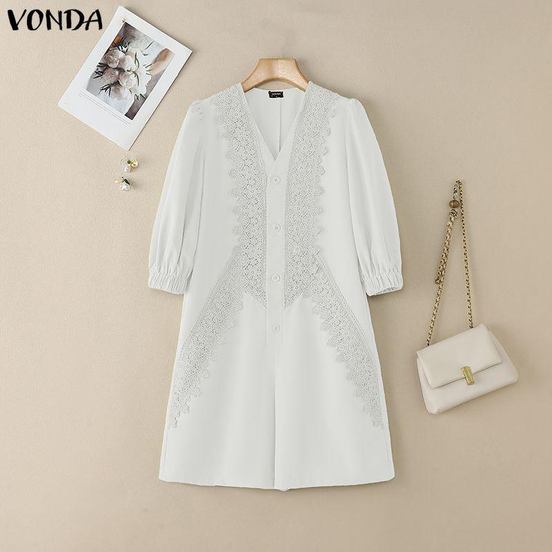 VONDA Summer Women Casual V Collar Half Sleeve Lace Crochet Patchwork Jumpsuits