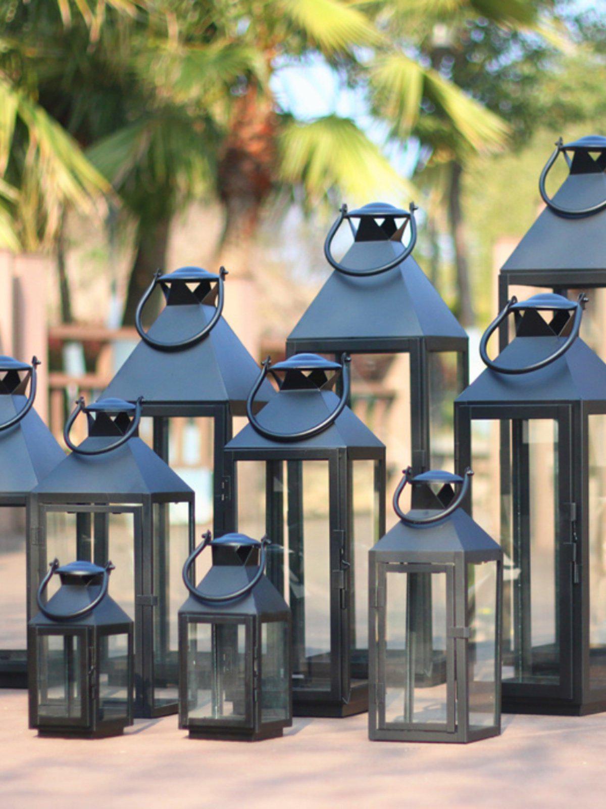 European Style Wrought Iron Candlestick with Glass Lantern - Outdoor Floor Ornament Small: 10*11*22cm