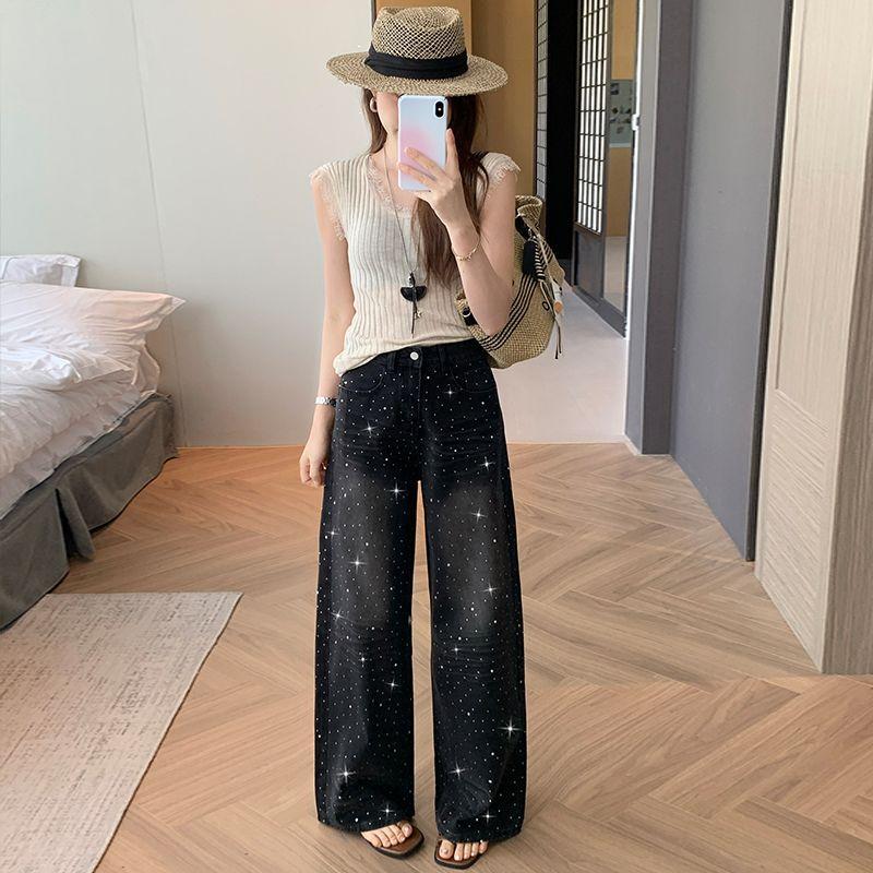 Spring Summer Black Gray Rhinestone Relaxed Straight Wide Leg Denim Pants For Ladies Casual Pants Oversize Denim Trousers