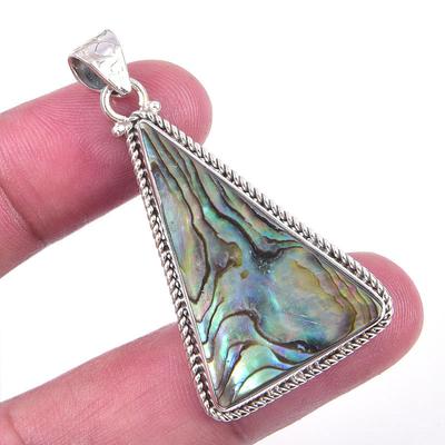 Natural Abalone Shell Gemstone 925 Solid Sterling Silver Jewelry Pendant 2" h9P21