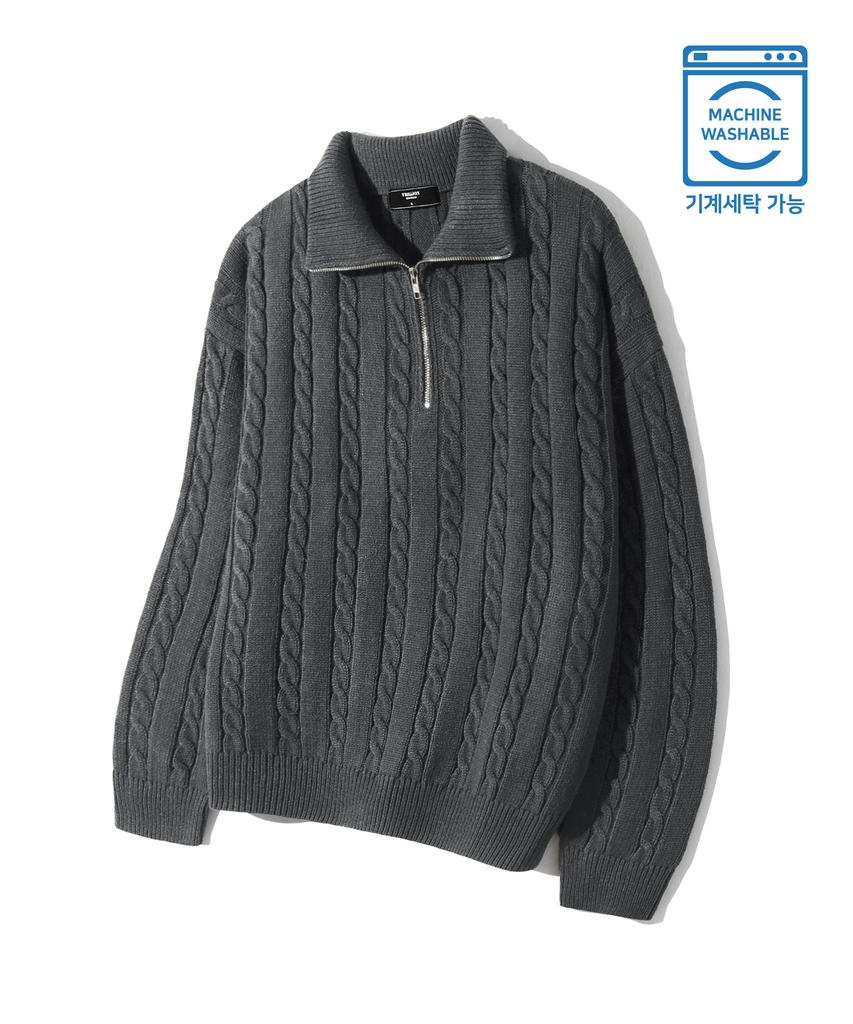 TRILLION Washable Half-Zip Collared Cable Knit (Charcoal)