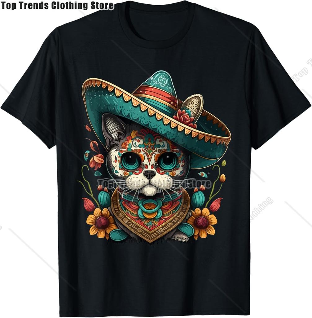 Cute Sugar Skull Cat Dia De Los Muertos Day of The Dead TShirt Mexican Summer Fashion Short Sleeved Tee TopsCasual Tshirt