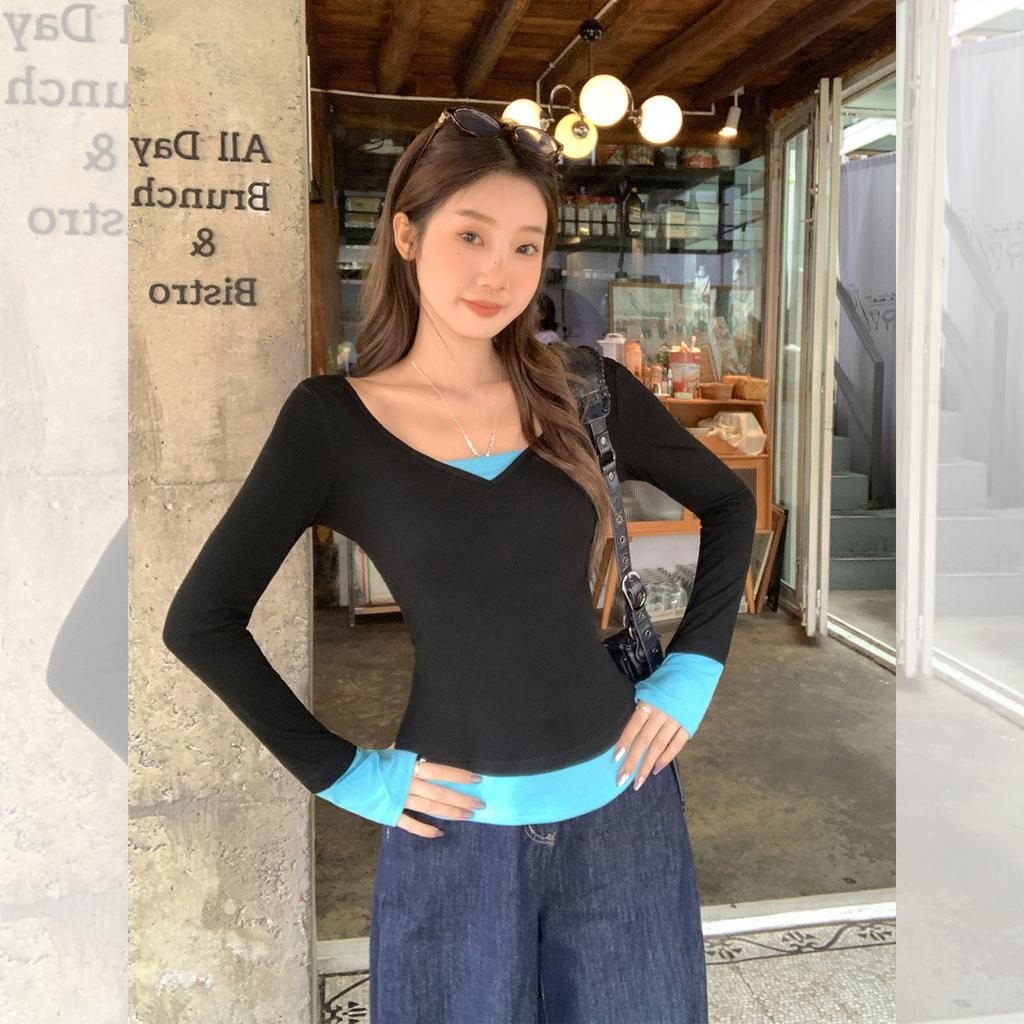 Korean Fake Two Contrasting Color V-neck Long-sleeved T-shirt Women's Autumn New Inner Bottoming Shirt Temperament Beautiful Top