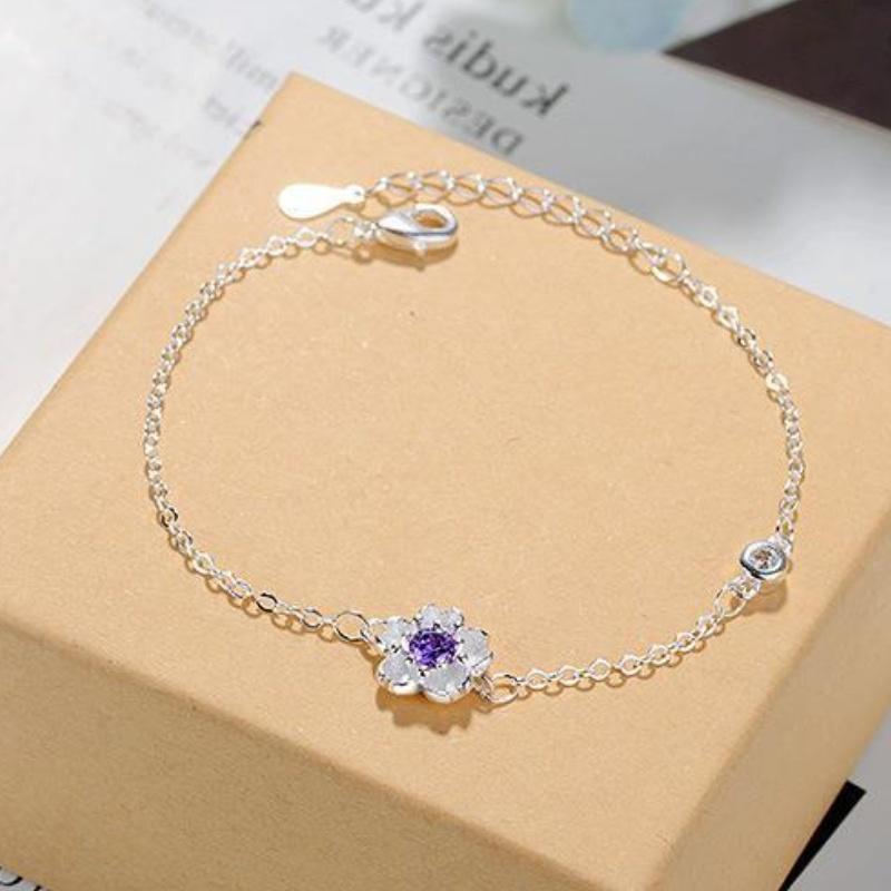 Silver Cherry Blossom Flower Cubic Zirconia Stone Jewelry Sets for Women Floral Necklace Bracelet Earring Ring Wedding Set
