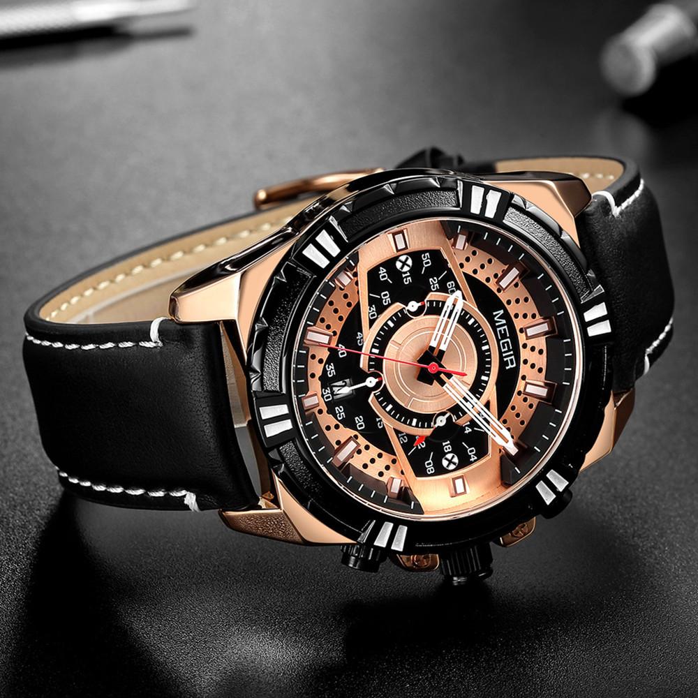 New Watches Men Luxury Brand MEGIR Chronograph Men Sports Watches Waterproof Leather Quartz Men's Watch Relogio Masculino