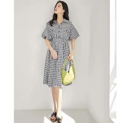 2025 Summer New Retro Plaid Dress Medium and Long POLO Collar Waist Thin Bubble Sleeve Skirt