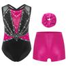 Dívčí 3dílná taneční souprava Bez rukávů Metalické leotard Křížená záda Kamínky Barevně blokovaný design se šortkami Čelenka