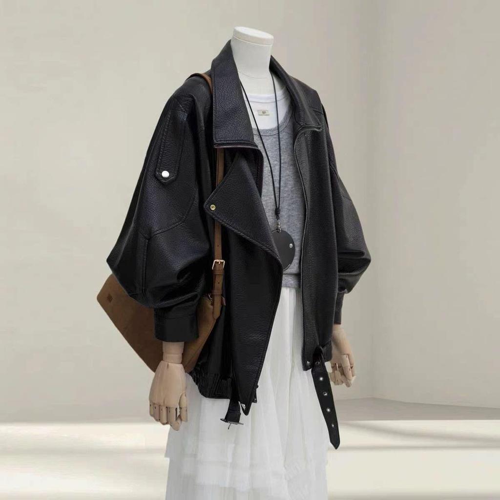 Meilade Damen Verdickte Leder Motorradjacke, Herbst/Winter 2026, Nischenstil, Mit Samt gefüttert, Lockerer Schnitt.