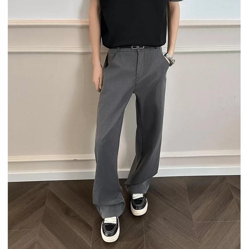 Mens Gray Black Embroidered Flare Dress Pants Old Money Style Relaxed Fit Casual Trousers