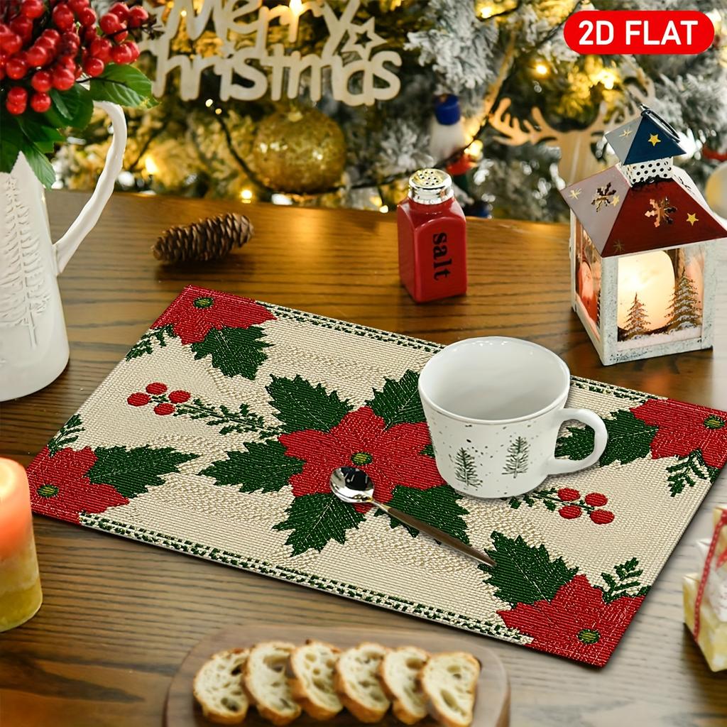 4/6pcs, 2D Flat Christmas Poinsettia Placemats, Red Poinsettia Flowers, Dark Green Leaves, And Red Berry Linen Placemats, Suitable for Kitchen Table D