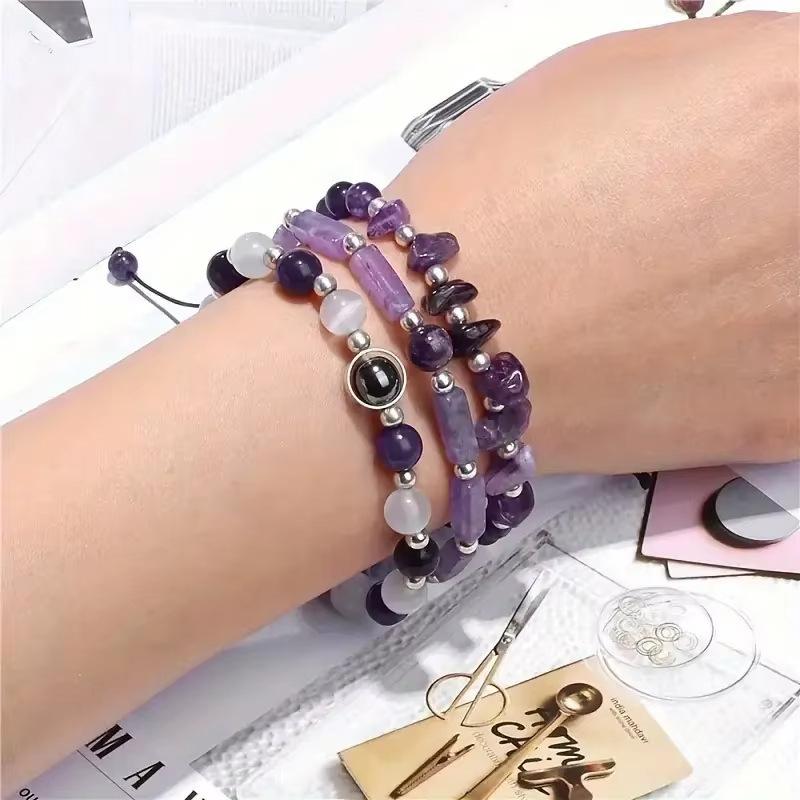 Chic Purple Glass Stone Bead Strand Bracelet Elegant Energy Bracelet For Casual Workdays