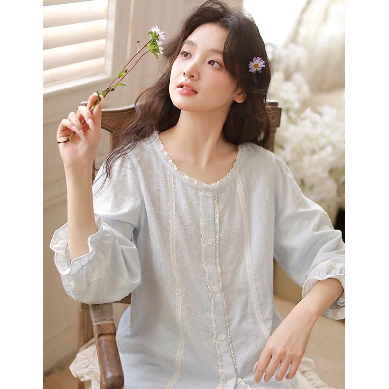 Qingmu Women's Gauze Nine Sleeve Pants Home Clothes Set