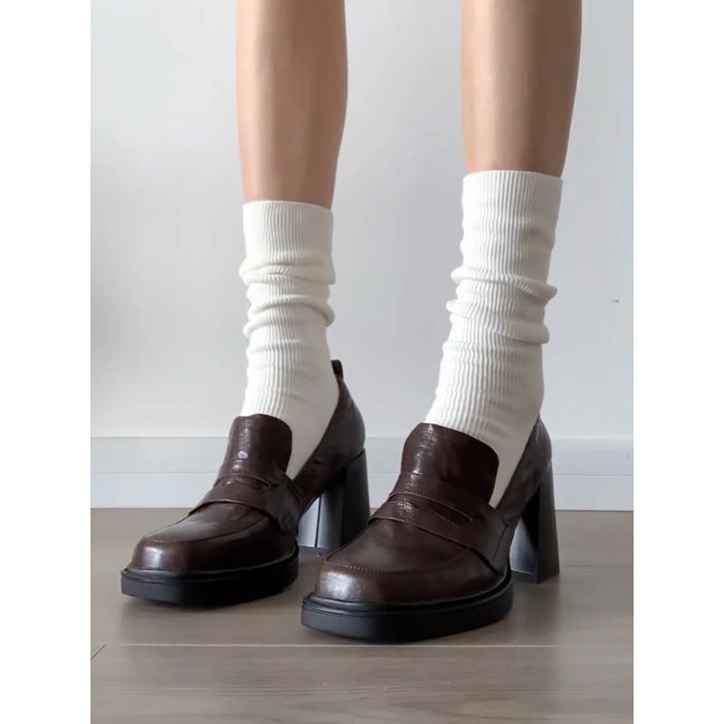 Vintage high-heeled Mary Jane single shoes women's deep-mouth thick-heeled loafers British thick-soled square-head small leather shoes