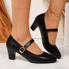 Fashion Women's Black White Mary Jane Pumps Buckle Strap Thick Med Heels Dress Shoes Woman Pu Leather Comfort Office Work Shoes Big Size