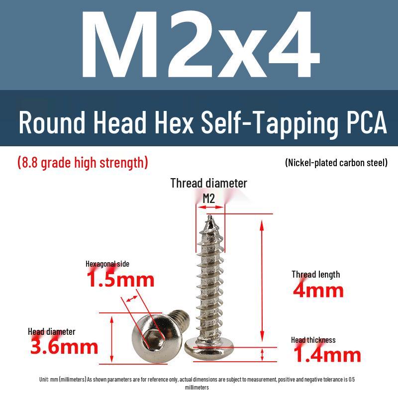 8.8 Grade Round Head Hex Socket Self-Tapping Screws M2-M4 Carbon Steel Bolts