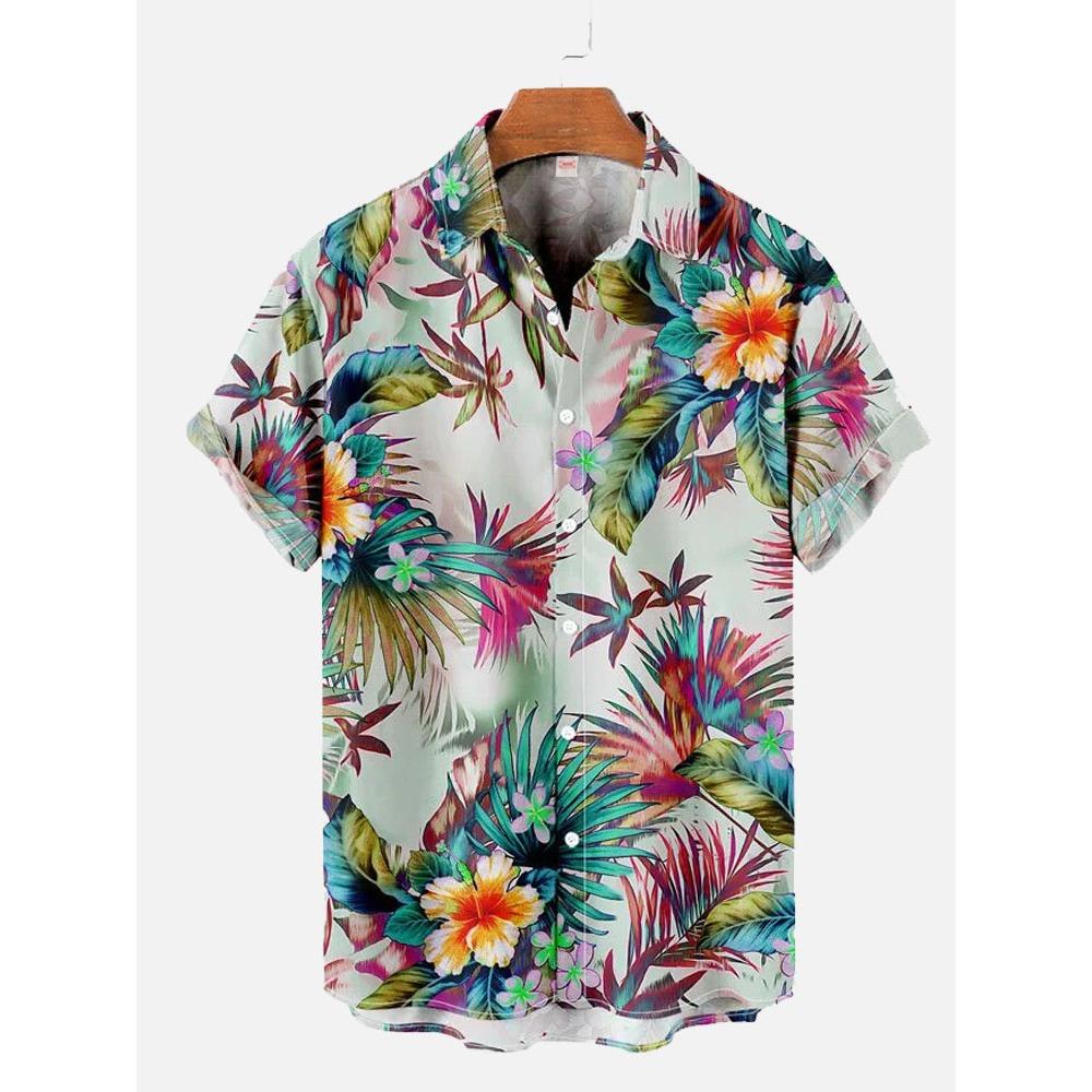 Men's Hawaiian Plant Print Shirts Vacation Vintage Leaf Fashion Summer Button Shirt Beach Casual Lapel