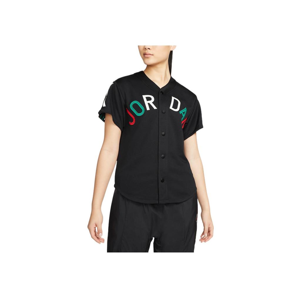Jordan Logo Embroidered Single-Breasted Short Sleeve Shirt Women Tops Black DO4161-010