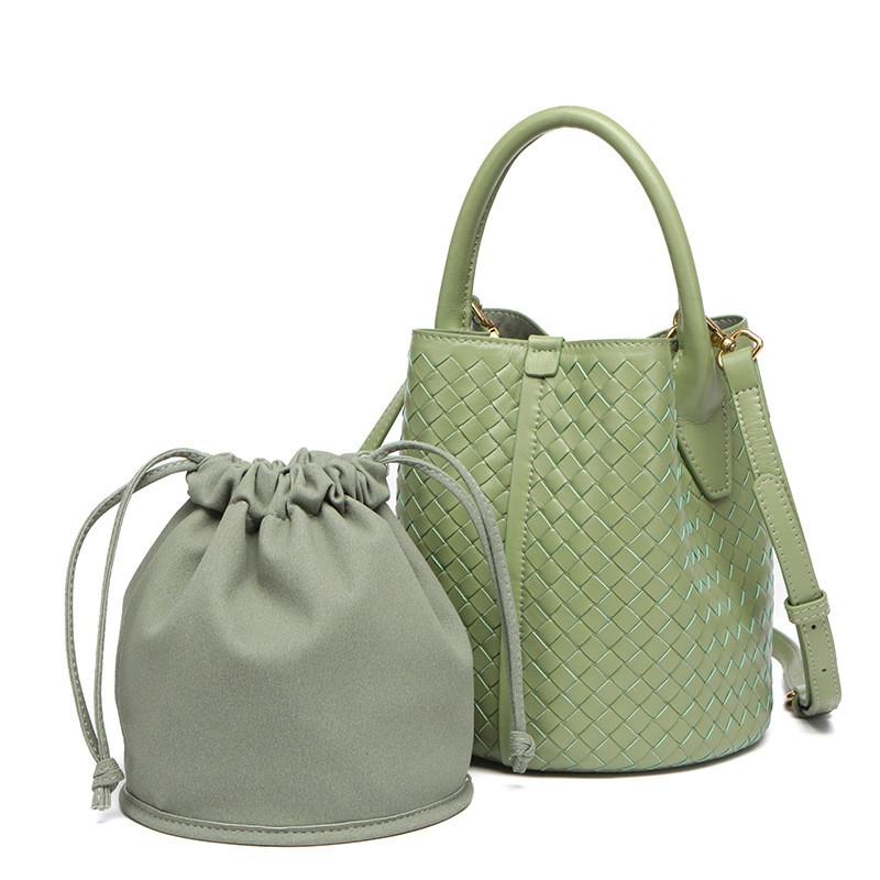 Womens Genuine Leather Woven Bucket Bag Handheld Crossbody Tote In Black Green Beige Mauve White