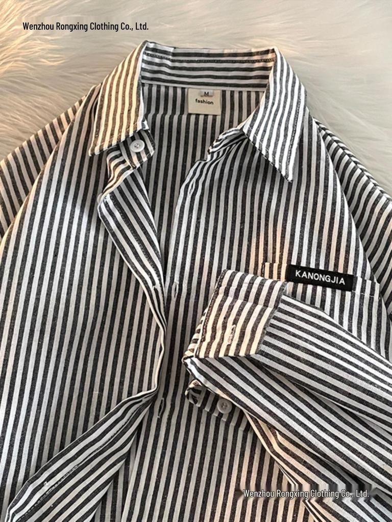 Spring & Autumn Vertical Striped Long Sleeve Men's Shirt: Pique Casual Hong Kong, Korean & Japanese Yuppie Style for Teens