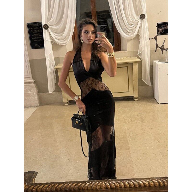 Elegant Lace See-through Halter Dress Lace Stitching Sling Dress