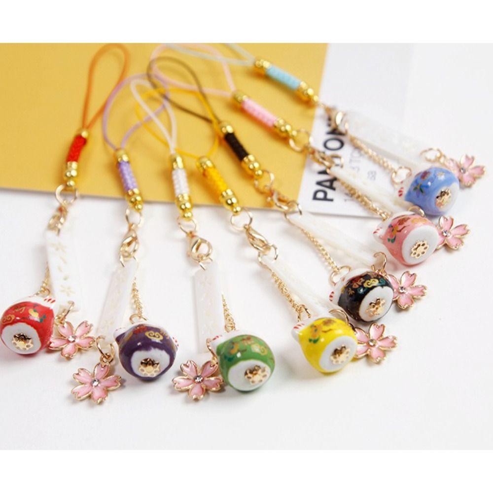 Ceramics Sakura Lucky Cat Phone Lanyard Braided Rope Lucky Cat Keychain Wrist Rope Cherry Blossoms Japanese Style